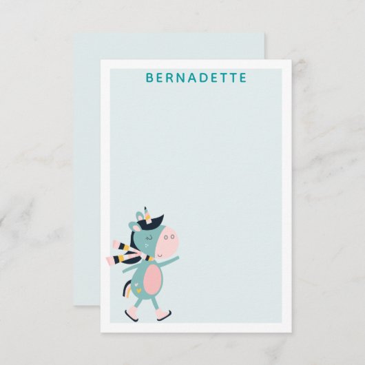 アイススケートユニコーンティールピンク名前入り ノートカード (正面/裏面)