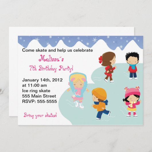 アイススケート子供の誕生日パーティの招待状 招待状 (正面/裏面)
