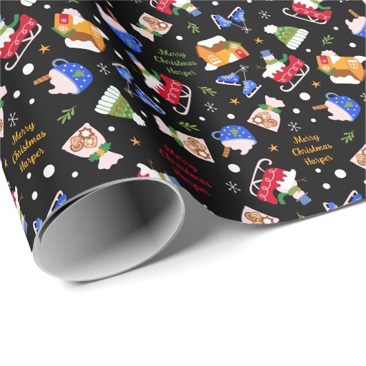 アイススケート雪だるまとソリパーソナライズされた ラッピングペーパー (ロールコーナー)