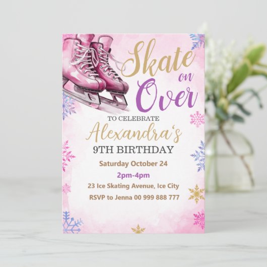 アイススケート ピンクパーティー バースデー ウィンターパーティー 招待状 (スタンド正面)