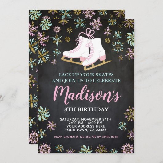 アイススケート、冬のワンダーランド、黒板 招待状 (正面/裏面)
