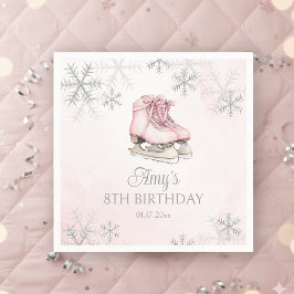 アイススケート 少女 誕生日 ピンク リボン シルバー スノーフレーク スタンダードカクテルナプキン