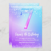 アイスナンバー ホワイト グリッター ガール 7歳の誕生日 招待状 (正面/裏面)