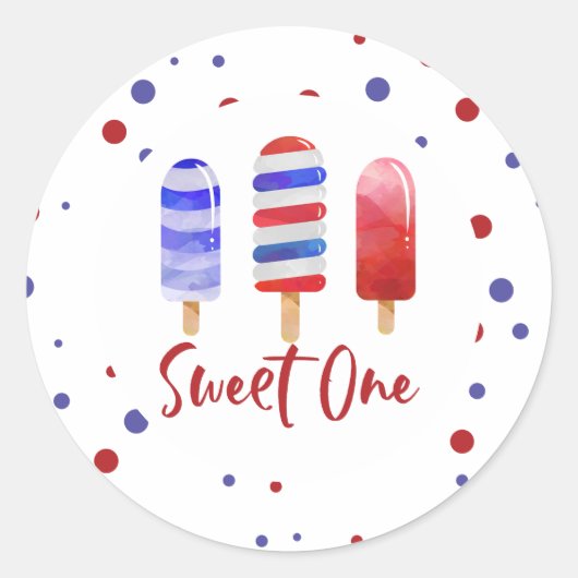 アイスバーのSweet One 赤 白 青 1歳の誕生日 ラウンドシール (正面)