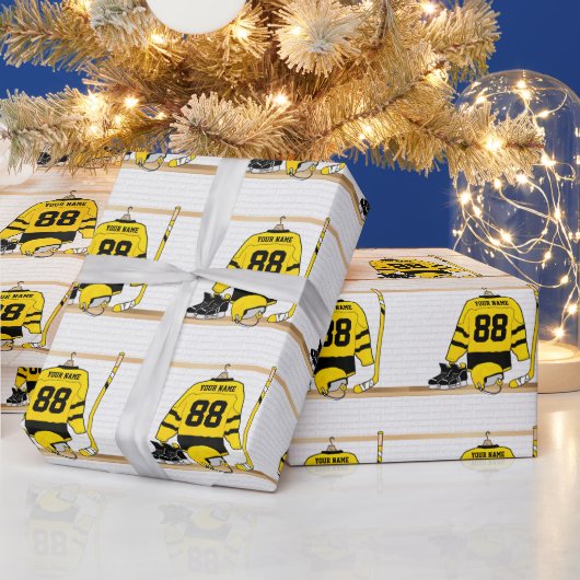 アイスパーソナライズされたホッケージャージー(黄・黒) ラッピングペーパー (クリスマス)