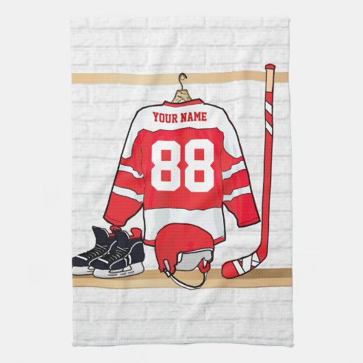 アイスパーソナライズされた赤と白ホッケージャージー キッチンタオル (縦)