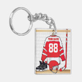 アイスパーソナライズされた赤と白ホッケージャージー キーホルダー (正面左)