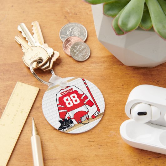 アイスパーソナライズされた赤と白ホッケージャージー キーホルダー (デスク)