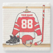 アイスパーソナライズされた赤と白ホッケージャージー ストーンコースター (正面)