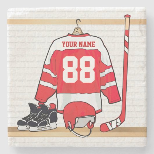 アイスパーソナライズされた赤と白ホッケージャージー ストーンコースター (正面)