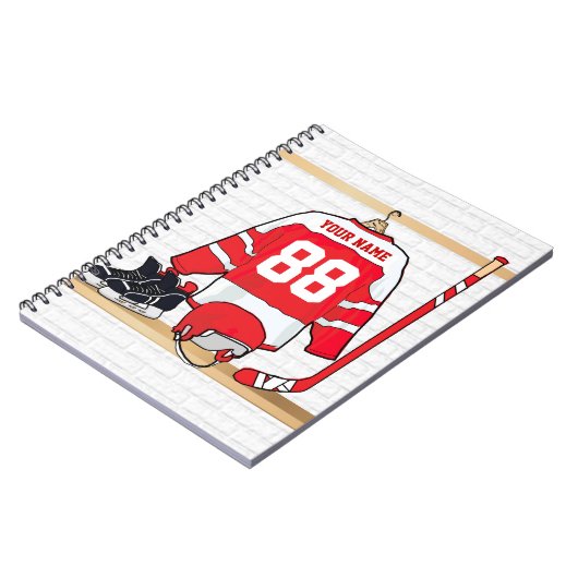 アイスパーソナライズされた赤と白ホッケージャージー ノートブック (左側)
