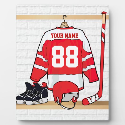 アイスパーソナライズされた赤と白ホッケージャージー フォトプラーク (正面)