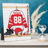 アイスパーソナライズされた赤と白ホッケージャージー フォトプラーク (側面)