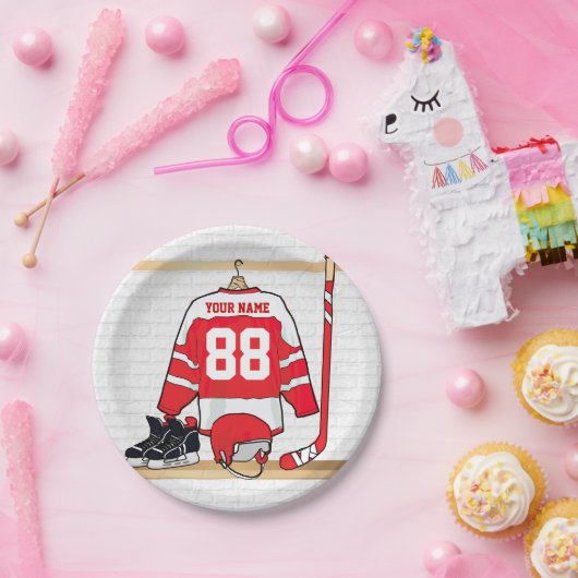 アイスパーソナライズされた赤と白ホッケージャージー ペーパープレート (パーティー)