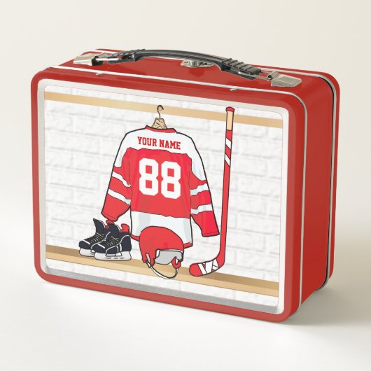 アイスパーソナライズされた赤と白ホッケージャージー メタルランチボックス (裏面)