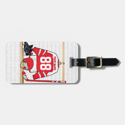 アイスパーソナライズされた赤と白ホッケージャージー ラゲッジタグ (正面横)