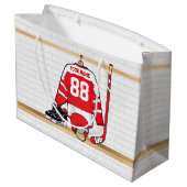 アイスパーソナライズされた赤と白ホッケージャージー ラージペーパーバッグ (裏面アングル)