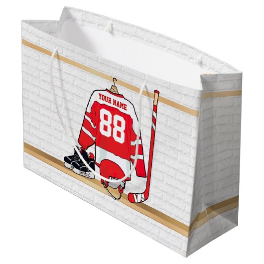 アイスパーソナライズされた赤と白ホッケージャージー ラージペーパーバッグ (裏面アングル)
