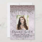 アイスピンクローズ金ゴールドグリッタードリップスウィート16写真 招待状 (正面)