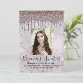 アイスピンクローズ金ゴールドグリッタードリップスウィート16写真 招待状 (スタンド正面)