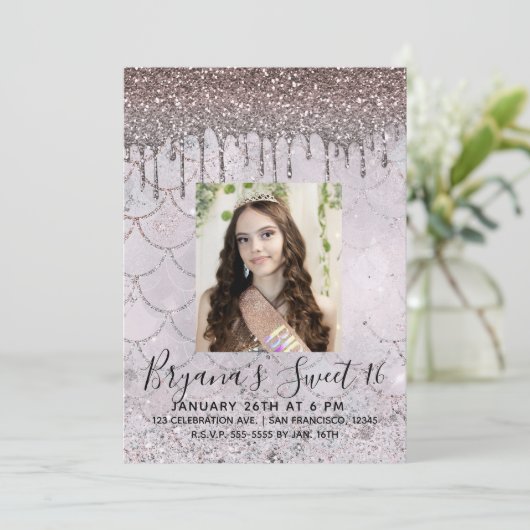 アイスピンクローズ金ゴールドグリッタードリップスウィート16写真 招待状 (スタンド正面)