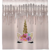 アイスピンクローズ金ゴールドグリッタードリップフローラユニコーン シャワーカーテン (正面)