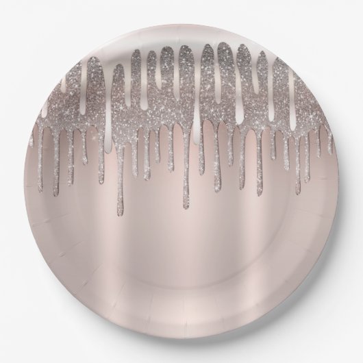 アイスピンク ローズゴールド ダイヤモンド グリッター ドリップ スイート16 ペーパープレート (正面)