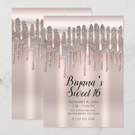 アイスピンク ローズゴールド ダイヤモンド グリッター ドリップ スイート16 招待状