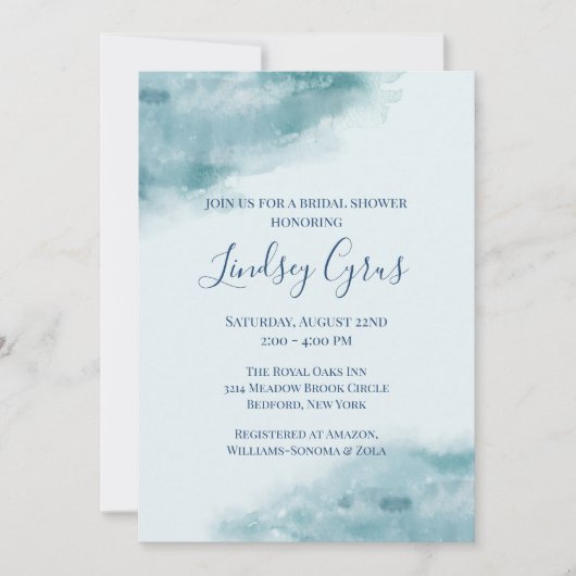 アイスブルーつや消し水カラーブライダルシャワー 招待状 (正面)