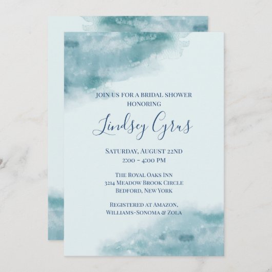 アイスブルーつや消し水カラーブライダルシャワー 招待状 (正面/裏面)