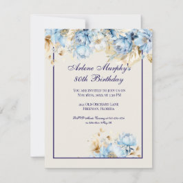 アイスブルーとネイビーフローラ誕生日 招待状