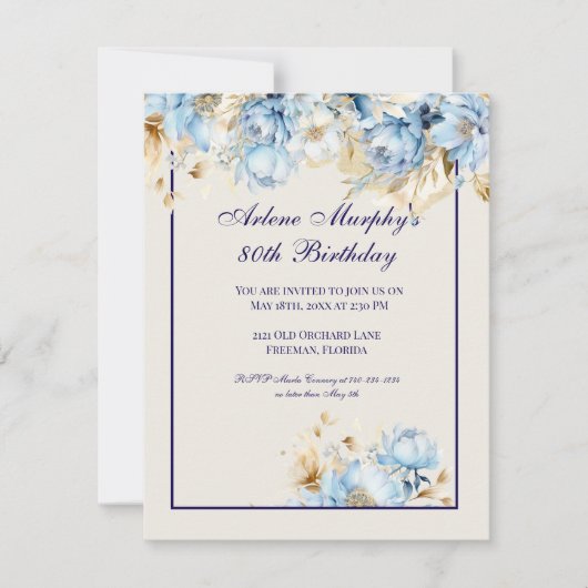 アイスブルーとネイビーフローラ誕生日 招待状 (正面)