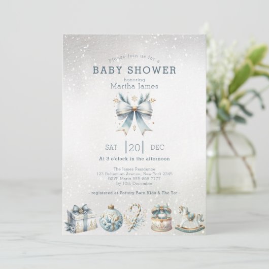 アイスブルーと金ゴールドクリスマスコケットのベビーシャワー 招待状 (スタンド正面)