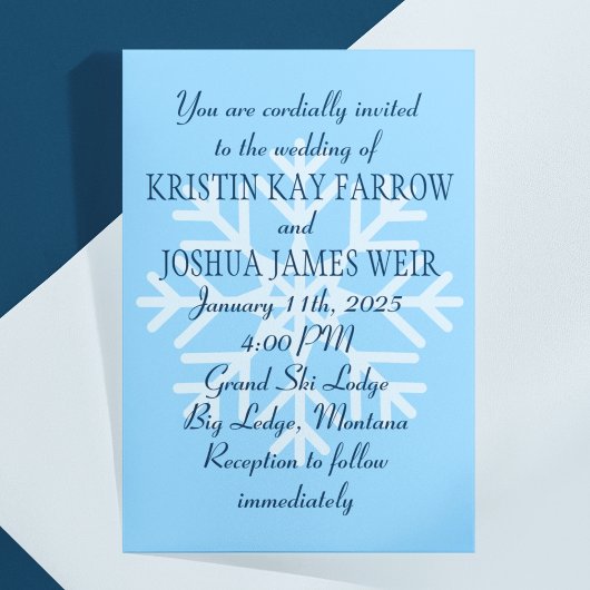 アイスブルーのスノーフレーク結婚・スキーヤー 招待状