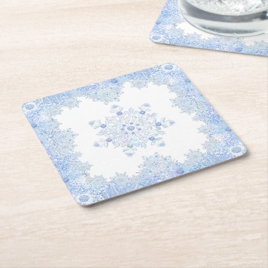 アイスブルーのスノーフレーク スクエアペーパーコースター (アングル)