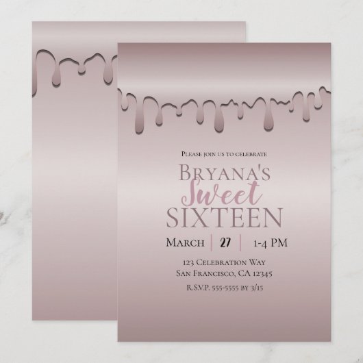 アイスブルーのバラ ローズゴールド ピンク ドリップ スウィート16 シックスティーン 招待状 (正面/裏面)