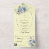 アイスブルーのボヘミアンフラワーがパステルイエローのQRコードの上に オールインワン招待状 (内側)