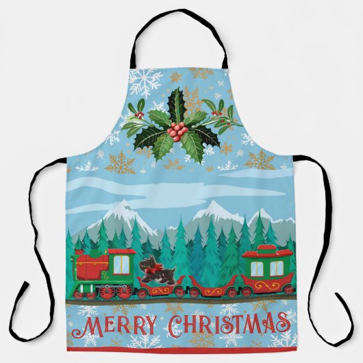 アイスブルーのメリークリスマストレイン エプロン (正面)