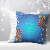 アイスブルーの冬の星とホリーメリークリスマス クッション