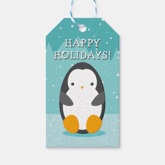 アイスブルーの冬の漫画のクリスマスにかわいいペンギン ギフトタグ (正面)