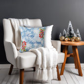 アイスブルーの冬の雪片とホリーメリークリスマス クッション
