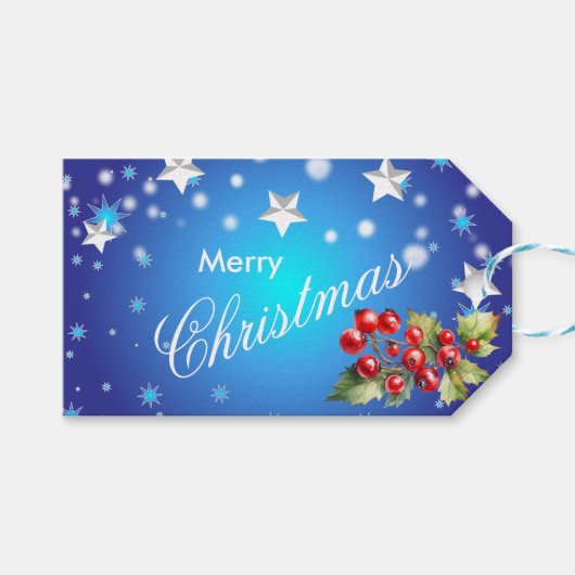 アイスブルーの星と赤いベリーのクリスマス ギフトタグ (正面(横))