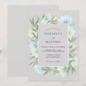 アイスブルーの花輪の結婚式 招待状 (正面/裏面)
