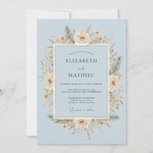 アイスブルーの霜の降りたような冬のウェディング 招待状 (正面)