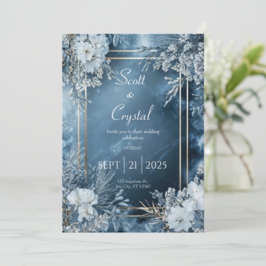 アイスブルーウィンターフローラ結婚式招待状 招待状 (スタンド正面)