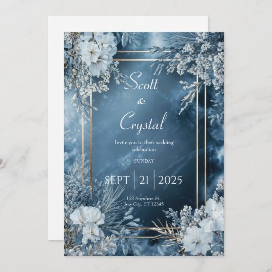 アイスブルーウィンターフローラ結婚式招待状 招待状 (正面/裏面)