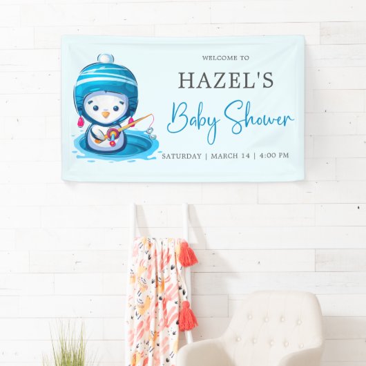 アイスブルーウィンターペンギン魚釣りベビーシャワー 横断幕 (インサイチュ)