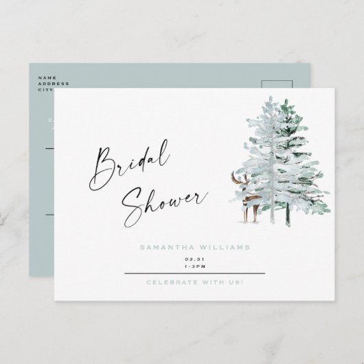 アイスブルーウッドランドディアウィンターブライダルシャワー インビテーションポストカード (正面/裏面)
