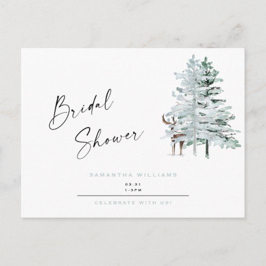 アイスブルーウッドランドディアウィンターブライダルシャワー インビテーションポストカード (正面)