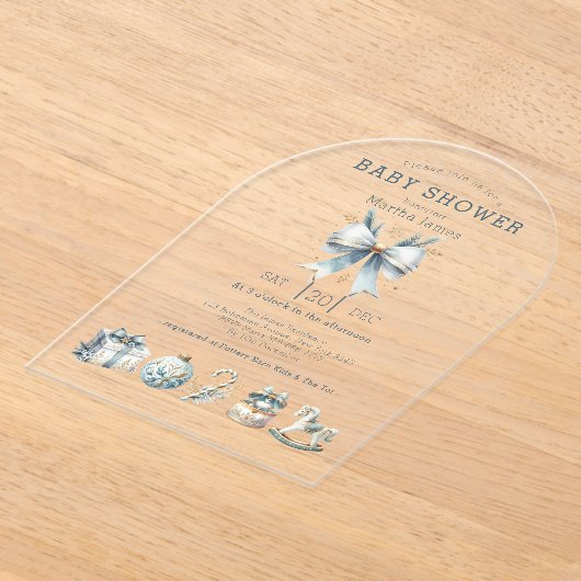 アイスブルークリスマスコケットのベビーシャワー アクリル招待状 (レイダウン)